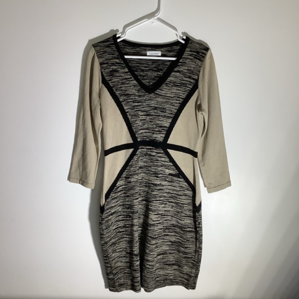 Calvin Klein Womens V Neck Sweater Dress‎ Tan and Black Size Medium